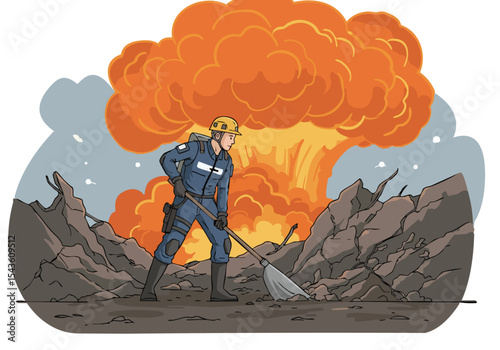 A first responder clears debris after a nuclear explosion. Dramatic, detailed scene showcasing recovery efforts. Strong visual impact.