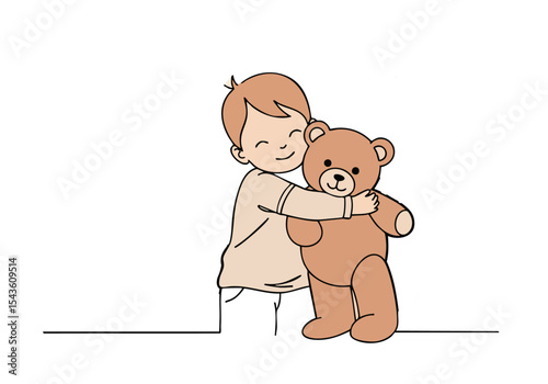happy  boy hugs a teddy bear surrounded by geometric shapes Warm colors and a playful illustration style create a comforting and joyful scene Perfect for children's products or heartwarming content