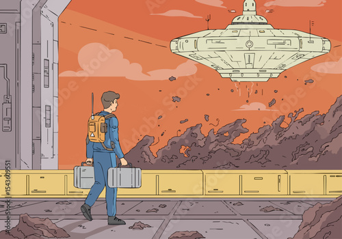 A lone astronaut surveys a crashed alien spacecraft on a desolate planet. Dramatic orange sky and rocky terrain create a compelling, sci-fi scene.  High detail, cinematic.
