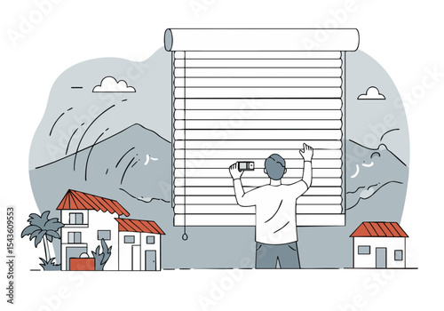 A man adjusts blinds on a house, securing home safety. Modern illustration with a suburban backdrop. Clean, graphic style.