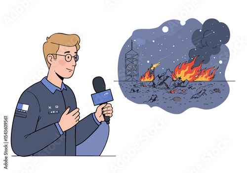 A journalist reports on a rocket failure, showcasing a dramatic explosion backdrop. Professional setting, conveying urgency and impact.