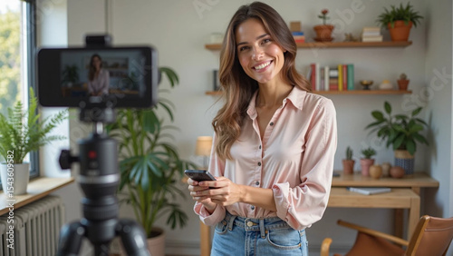 Joven influencer sonriente graba contenido desde casa con su celular sobre trípode. Entorno acogedor, plantas, libros y luz natural. Ideal para representar trabajo remoto y redes sociales.