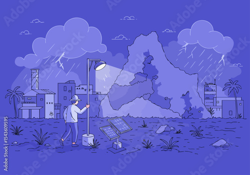 A man checks solar panels during a storm, illuminating a devastated landscape.  Illustrative, resilient, and hopeful.  Focus on light and recovery.
