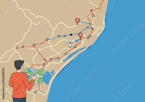 A man plans a coastal escape route on a map, highlighting key locations. A checklist indicates a completed plan. Modern illustration style.