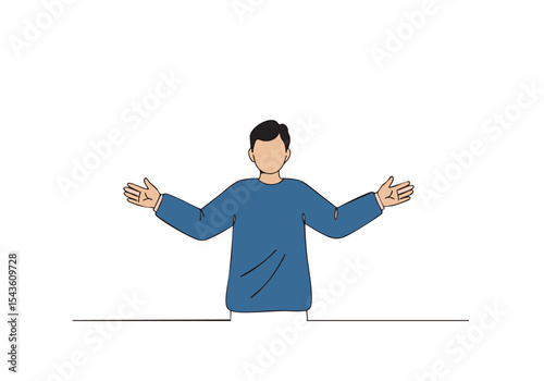 A man welcomes with open arms against a soft, abstract background. Simple, modern illustration. Ideal for greeting, welcome, and inclusivity concepts.