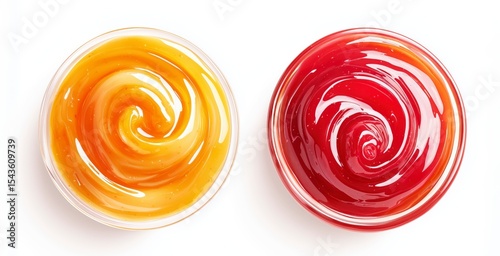 Two glass bowls of red and yellow fruit jam swirls, top view, isolated on white background