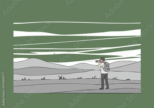 A photographer captures a vast landscape with mountains and birds in the sky. A solitary figure with a backpack observes the scene, creating a serene and expansive image.