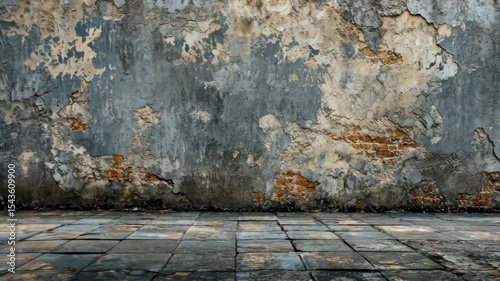 Weathered wall with exposed brick and tiled floor