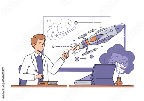 A scientist points at a rocket illustration on a chalkboard, symbolizing rocket science education. Modern, vibrant, and engaging visual for learning.