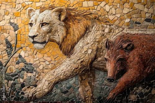 A mosaic artwork depicting a lioness and a wild boar, intricately crafted from stone pieces.