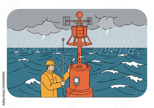 vigilant worker monitors an ocean buoy during a stormy weather event The illustration showcases a robust orange buoy with weather instruments highlighting ocean alerts and maritime safety  