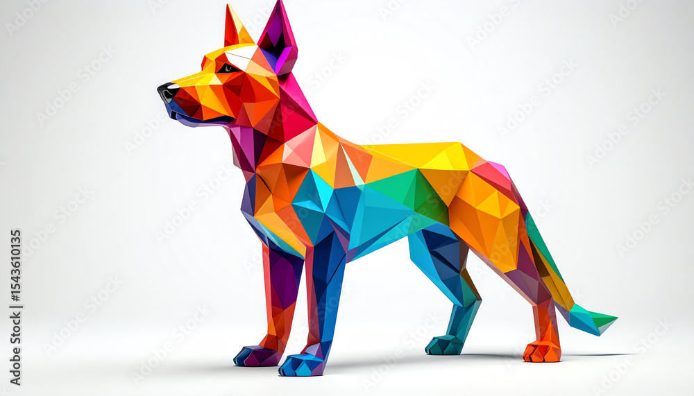 Obraz premium A colorful, geometric polygonal dog sculpture showcasing vibrant hues and modern artistic style