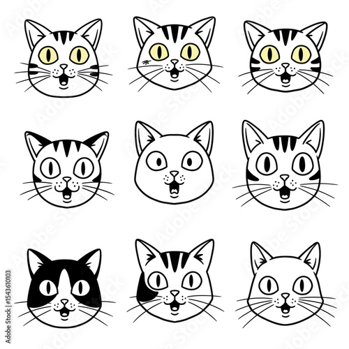 Cartoon Cat Illustration Gallery with a Variety of Facial Expressions Depicting Surprise Amazement and Other Emotions Featuring Nine Unique Characters