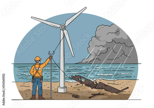 A worker repairs a wind turbine against a stormy coastline, showcasing resilience and renewable energy amidst environmental damage. Strong composition, clear focus.
