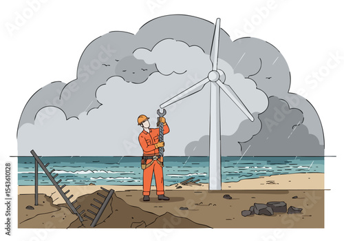 A worker repairs a wind turbine on a stormy coastline. Rain and a dark sky create a resilient scene. Focus on maintenance and energy infrastructure.