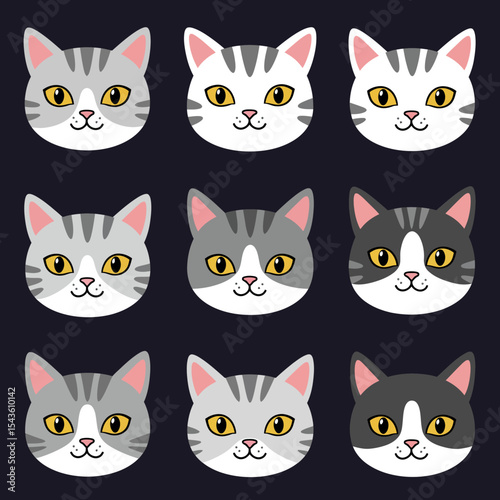 Variety of Cat Faces with Different Color Variations Displaying Unique Patterns and Expressions in Animated Digital Vector Illustration for Pet Lovers