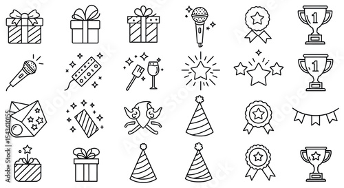 Outline icons of gifts, party accessories, microphones, trophies, ribbons, and stars for celebrations vector illustration