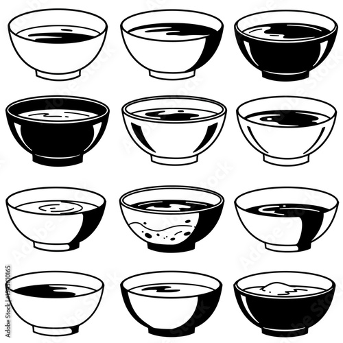 A Collection of Bowls Filled with Liquid Exploring Different Light and Shadow Variations in a Graphic Presentation