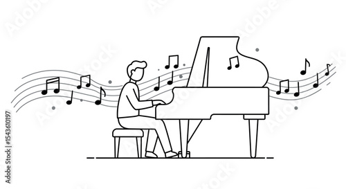 Young caucasian male playing piano with flowing musical notes in line art vector illustration