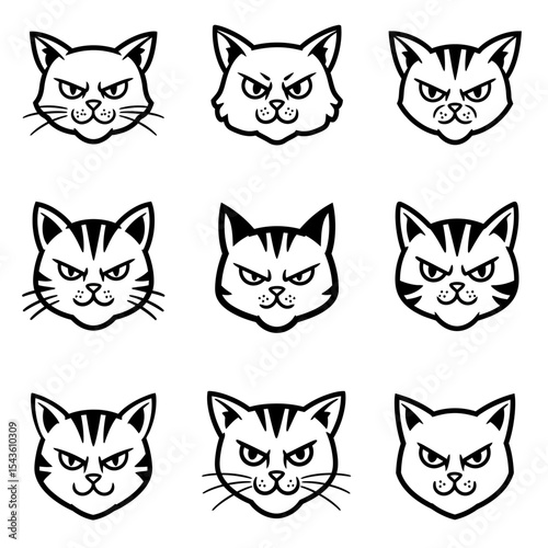 Nine Angry Cats Displaying Strong Emotions in Vector Art Style with Grumpy Expressions Depicted in Black and White