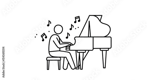 Stick figure playing grand piano with musical notes vector illustration