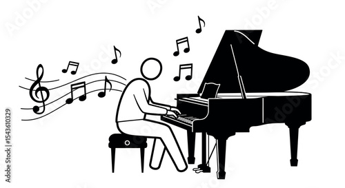 Stick figure playing piano with musical notes in black and white vector illustration