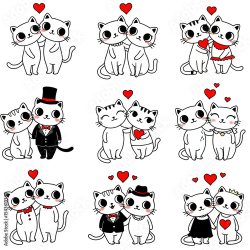 Lovely Couple of Cats Valentine's Day Romantic Cats Illustration Beautiful Cats in Love Cats with Hearts Valentine Cats Cute Romance