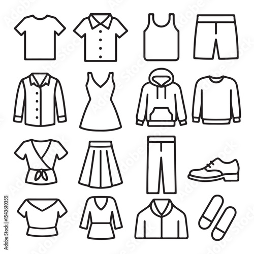 Clothes icons set vector. Sweatshirt, hoody, pullover, bathsuit, jacket, evening dress, cardigan, trousers visualization vector illustration.