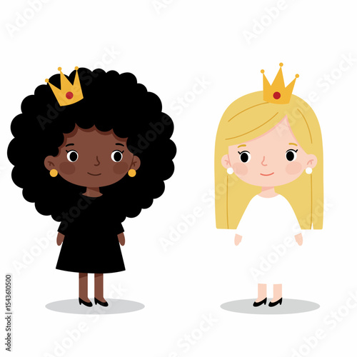 Charming Vector Illustration Featuring Two Young Girls Adorned with Golden Crowns Standing Side by Side in a Whimsical Style