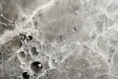 Delicate spiderweb adorned with water droplets rests on a textured, grey surface.