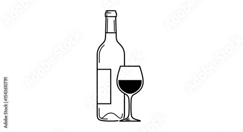 Outline drawing of wine bottle and glass on white background vector illustration