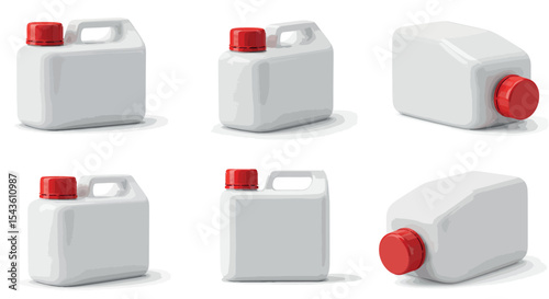 Red-capped white plastic containers in various angles and positions vector illustration