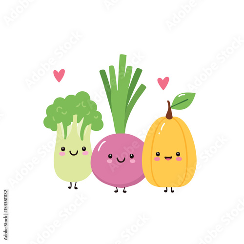 Cute cartoon vegetables broccoli turnip and pumpkin