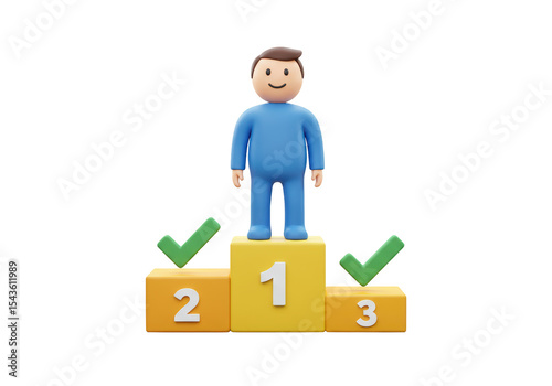 Isolated Cartoon Character Standing on Podium with Check Marks