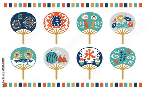 Illustration of a folding fan featuring Japanese summer scenes