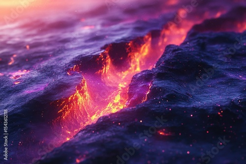Glowing lava flows through a crack in dark volcanic rock, creating a vibrant and surreal landscape.