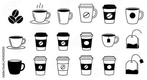 Variety of coffee and tea cup icons in black and white design vector illustration