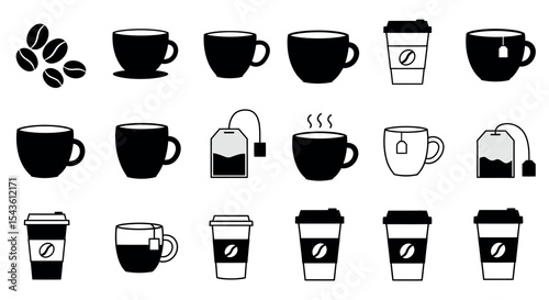 Coffee icons set: cups, beans, mugs, and tea bags collection vector illustration
