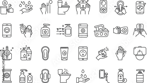 Hygiene and sanitation icons featuring washing hands and cleaning supplies vector illustration