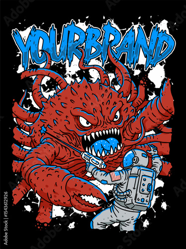 monster tshirt illustration drop dead band merch crab astronout extreme laser gun space nasa