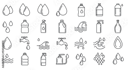 Water icons set: bottles, drops, waves, faucets in simple outline style vector illustration