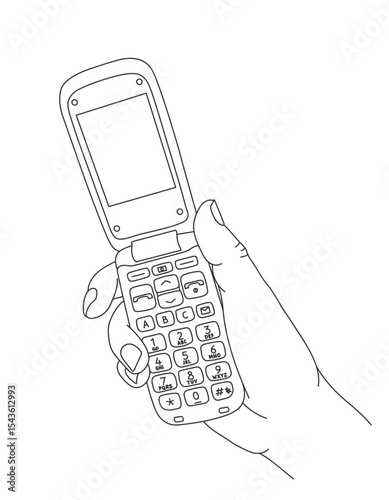 Hand holding a flip phone, line art vector illustration