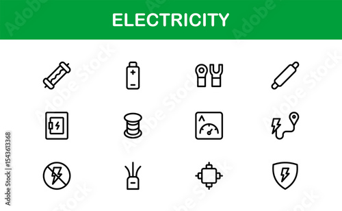 Vector Icon Collection for Electricity Including Lightning Bolts, Power Sources, Energy, Circuit, and Electrical Equipment
