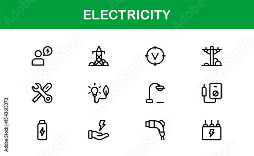 Vector Icon Collection for Electricity Including Lightning Bolts, Power Sources, Energy, Circuit, and Electrical Equipment
