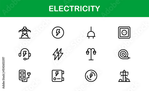 Vector Icon Collection for Electricity Including Lightning Bolts, Power Sources, Energy, Circuit, and Electrical Equipment