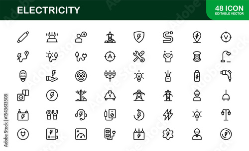 Vector Icon Collection for Electricity Including Lightning Bolts, Power Sources, Energy, Circuit, and Electrical Equipment
