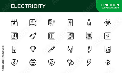 Vector Icon Collection for Electricity Including Lightning Bolts, Power Sources, Energy, Circuit, and Electrical Equipment