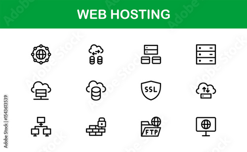 Professional Web Hosting Icons with Server, Domain, and Cloud Elements in Clean Line Art Style