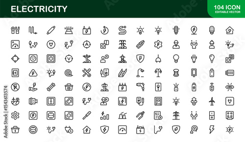 Vector Icon Collection for Electricity Including Lightning Bolts, Power Sources, Energy, Circuit, and Electrical Equipment