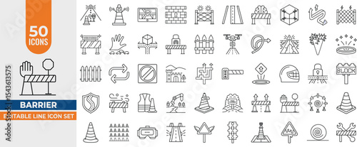 50 Barriers, Traffic & Road Safety Line Icon Set – Cones, Fences, Detours, Access & Repair. Editable Stroke. Vector illustration